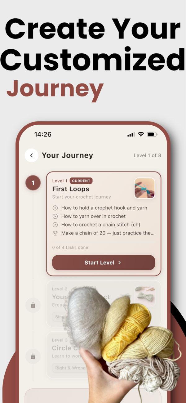 Personalized crochet learning journey with guided levels in the Hooked app