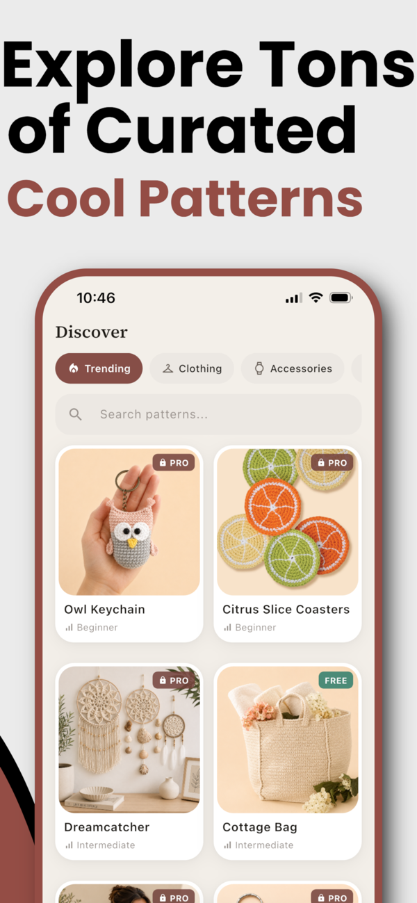Discover tab with 500+ curated crochet and knitting patterns