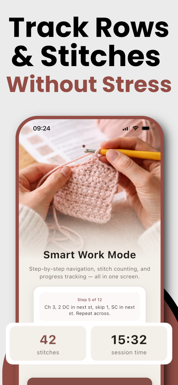 Hooked crochet row counter tracking rows and stitches in Smart Work Mode