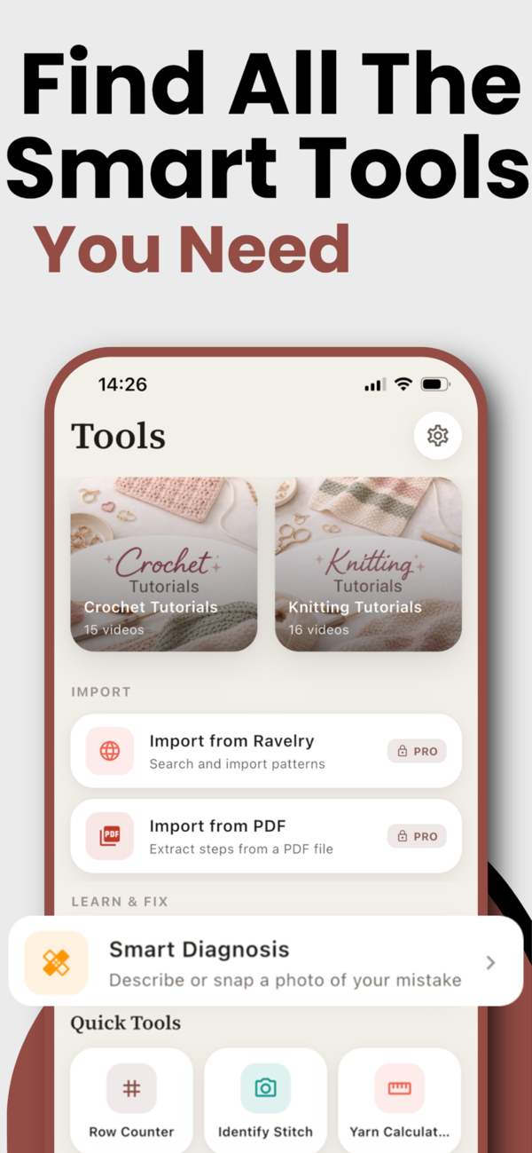 Crochet tools: Ravelry import, PDF import, row counter, yarn calculator