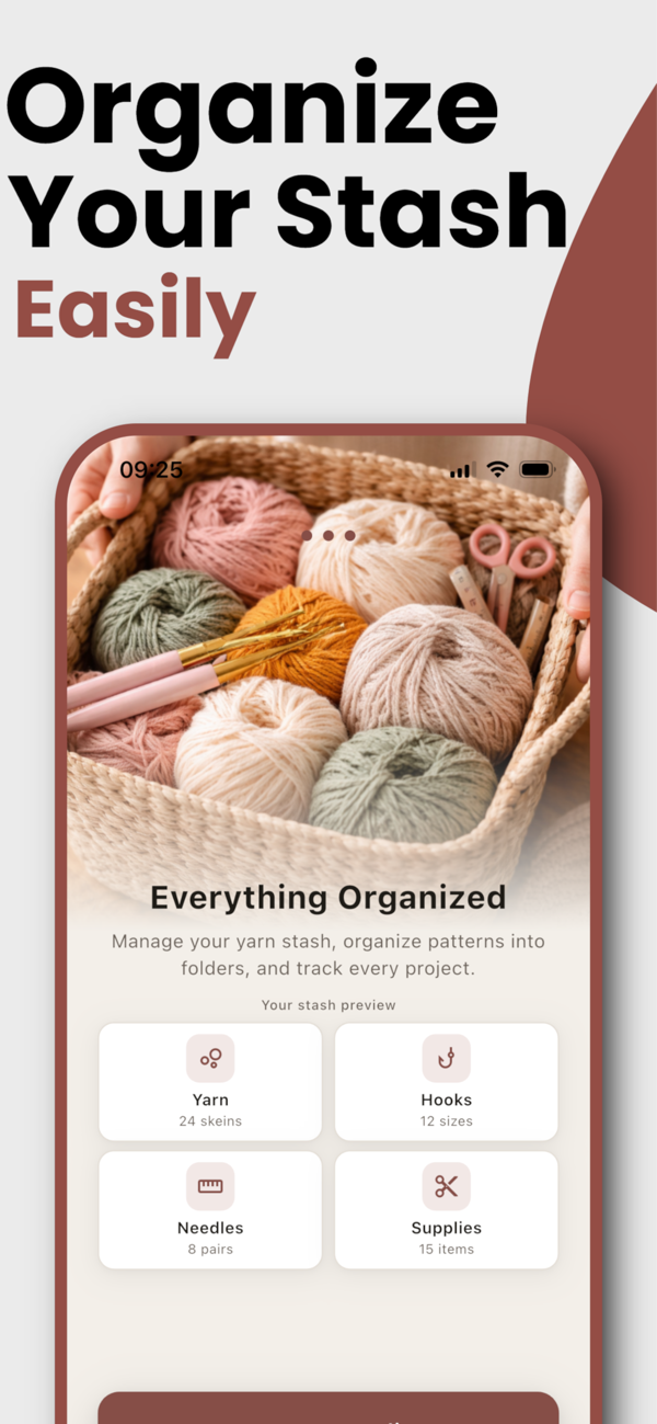 Yarn stash organizer tracking yarn skeins, hooks, needles and supplies