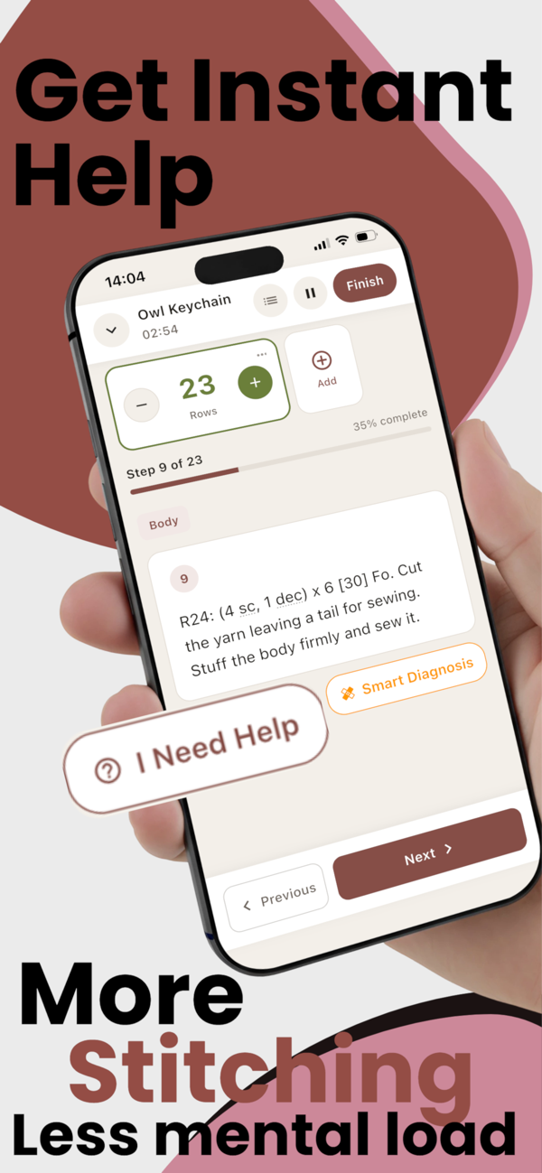 Crochet row counter with instant help and Smart Diagnosis in Work Mode